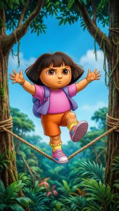 Dora si bilancia su una fune nella giungla.