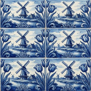 Blå og hvide keramiske fliser med vindmøller og tulipaner i en hollandsk landskabsscene.