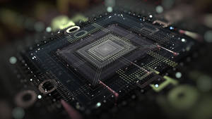 Primo piano di un circuito verde luminoso con un chip quadrato centrale.