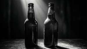 Twee vintage stoutflessen naast elkaar, één gekanteld, verlicht door een lichtstraal, hoog contrast zwart-wit.