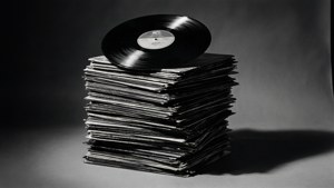 Et dramatisk svart-hvitt-bilde av en ubalansert stabel med vinylplater med lange skygger.