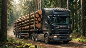 Scania R730 skovningstruck i en skov med træstammer på trailer, jordnær scene.