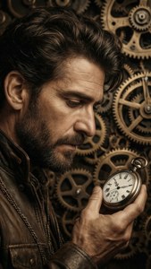 Diego Brando undersøger et lommeur med en steampunk-baggrund.