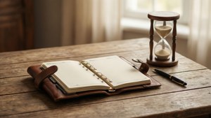 A classic desk setup emphasizing time management with a planner and hourglass.