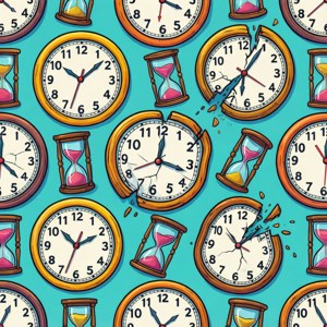 Mønster av klokker og timeglass, noen vippet eller knust, som symboliserer ADHD-tidsoppfatningsproblemer.