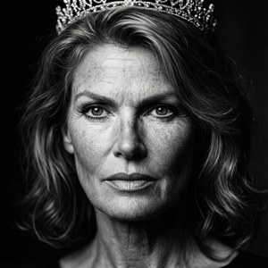 Gros plan en noir et blanc d'Elle Macpherson avec un diadème.