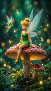 Tinker Bell di atas jamur di lembah peri yang bercahaya