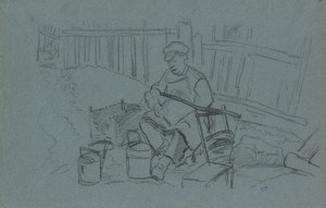 Tinker with His Tools by Camille Pissarro, created 1874/76, in Black chalk on blue laid paper. Download this artwork as a high-resolution wallpaper for desktop, — Camille Pissarro Wallpaper