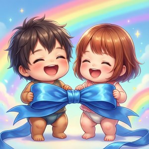 Chibi Tanukichi og Anna som småbørn holder et blåt bånd i kawaii kunststil.
