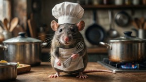 Remy the rat chef in a kitchen with a whisk, cinematic lighting