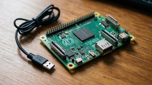 En makrovy av en Raspberry Pi Zero W på ett skrivbord