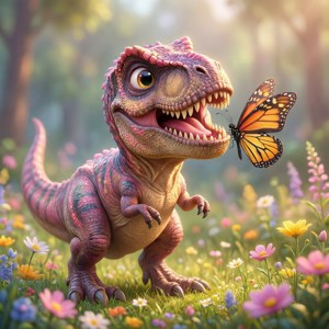 Een schattig wallpaper van een baby T-Rex die speelt met een vlinder, vol vreugde.