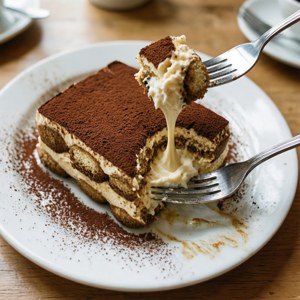 Foto de cima de garfos pegando um pedaço de tiramisu, mostrando textura cremosa.