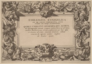Title Page by Adriaen Collaert, created 1585, in engraving on laid paper. Download this artwork as a high-resolution wallpaper for desktop, tablet, or mobile. — Art Picture