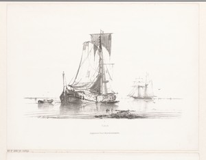 Tjalk by Johan Conrad Greive, created c. 1860, in paper; lithography. Download this artwork as a high-resolution wallpaper for desktop, tablet, or mobile. — Johan Conrad Greive Wallpaper