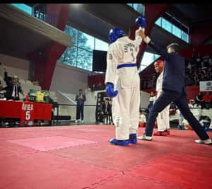 Taekwondo fighter raised by referee after winning match in indoor arena. — Taekwondo Picture