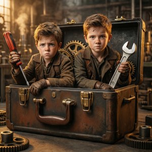 Two boys in dirty overalls hold tools from a rusty toolbox in a steam-filled factory. — It takes two Wallpaper