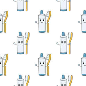 Niedliche Cartoon-Zahnpasta- und Zahnbürstenfiguren, die mit lächelnden Gesichtern in einem sich wiederholenden Muster winken. — Toothbrush Wallpaper