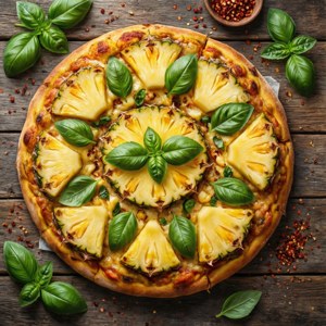 Pemandangan dari atas pizza nanas utuh di atas meja kayu dengan kemangi dan cabai.