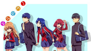 Five anime students in school uniforms with backpacks posing against a light blue background.