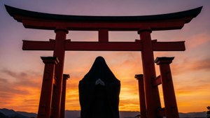 En markant silhuett av en yurei foran en torii-port ved solnedgang.