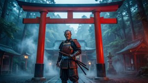 Een ronin die onder een rode torii-poort staat in mistige tempelomgeving.