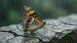 Een macrofoto van een vlinder met gescheurde vleugels, die kwetsbaarheid en breekbaarheid benadrukt.
