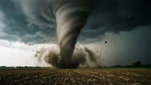 Tornado su terreni agricoli con nuvola a imbuto scura