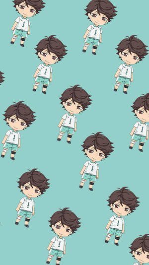 Chibi anime volleyball player in white jersey and teal shorts. — Toru Oikawa Wallpaper