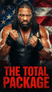 Luchador en chaleco negro con puños levantados contra bandera estadounidense con texto rojo 'THE TOTAL PACKAGE'