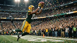 Exciting touchdown catch with confetti and cheering fans.