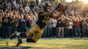 Rashid Shaheed marcando um touchdown com uma recepção espetacular.