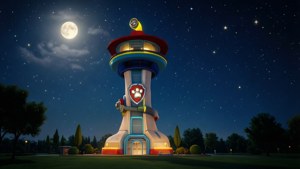 Paw Patrol-torn upplyst på natten med stjärnhimmel.