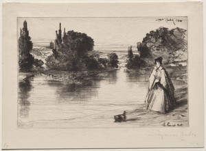 Towing Path by Francis Seymour Haden, created 1864, in drypoint. Download this artwork as a high-resolution wallpaper for desktop, tablet, or mobile. — Francis Seymour Haden Wallpaper