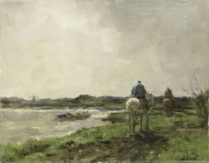 Towpath by Jacob Maris, created c. 1896, in canvas; oil paint (paint). Download this artwork as a high-resolution wallpaper for desktop, tablet, or mobile. — Jacob Maris Wallpaper