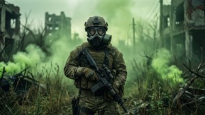 Soldat mit Gasmaske inmitten grünen chemischen Nebels mit Ruinen.