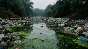 Rivier verstikt met plastic en algen onder bewolkte lucht