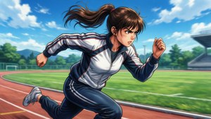 Tsubaki Kasugano løber på en bane, sporty, beslutsom, action