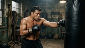 Jake Lamotta trener hardt på en tung sekk i et vintage treningsstudio.