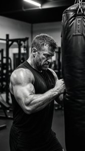Monochrome shot of Guy Mezger training hard in the gym