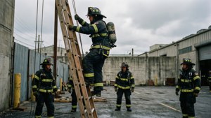 Vigili del fuoco del NYFD si addestrano su scale in un cortile industriale grintoso.