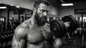 Steve Williams træner i fitnesscentret, sort-hvid motiverende optagelse