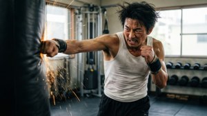 Norifumi Yamamoto working out on a heavy bag
