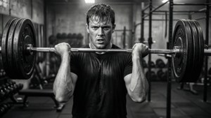 Gritete svart-hvitt-bilde av Dynamite Kid som trener i gymmen, målbevisst.
