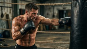 Mirko intensely training at the gym