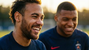Ærlig øyeblikk av Neymar og Mbappe som deler en latter i gyllent lys.