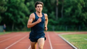 Lucas Cavallini corre em uma pista de treino com um fundo natural.