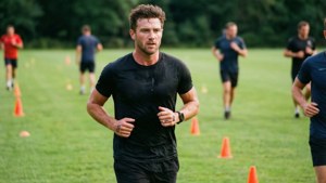 Athlete running through grass field with orange cones during outdoor training.