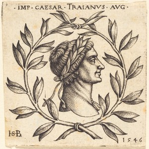 Trajan by Hans Sebald Beham, created 1546, in engraving. Download this artwork as a high-resolution wallpaper for desktop, tablet, or mobile. — Hans Sebald Beham Wallpaper