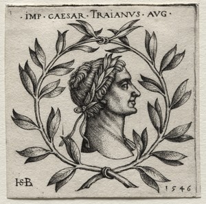 Trajan by Hans Sebald Beham, created 1546, in engraving. Download this artwork as a high-resolution wallpaper for desktop, tablet, or mobile. — Art Picture